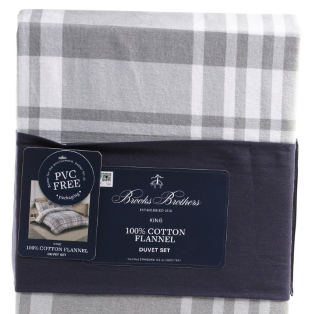 Brooks Brothers KING Size Plaid Cotton Flannel Duvet Cover Set - HUGO GRAY PLAID